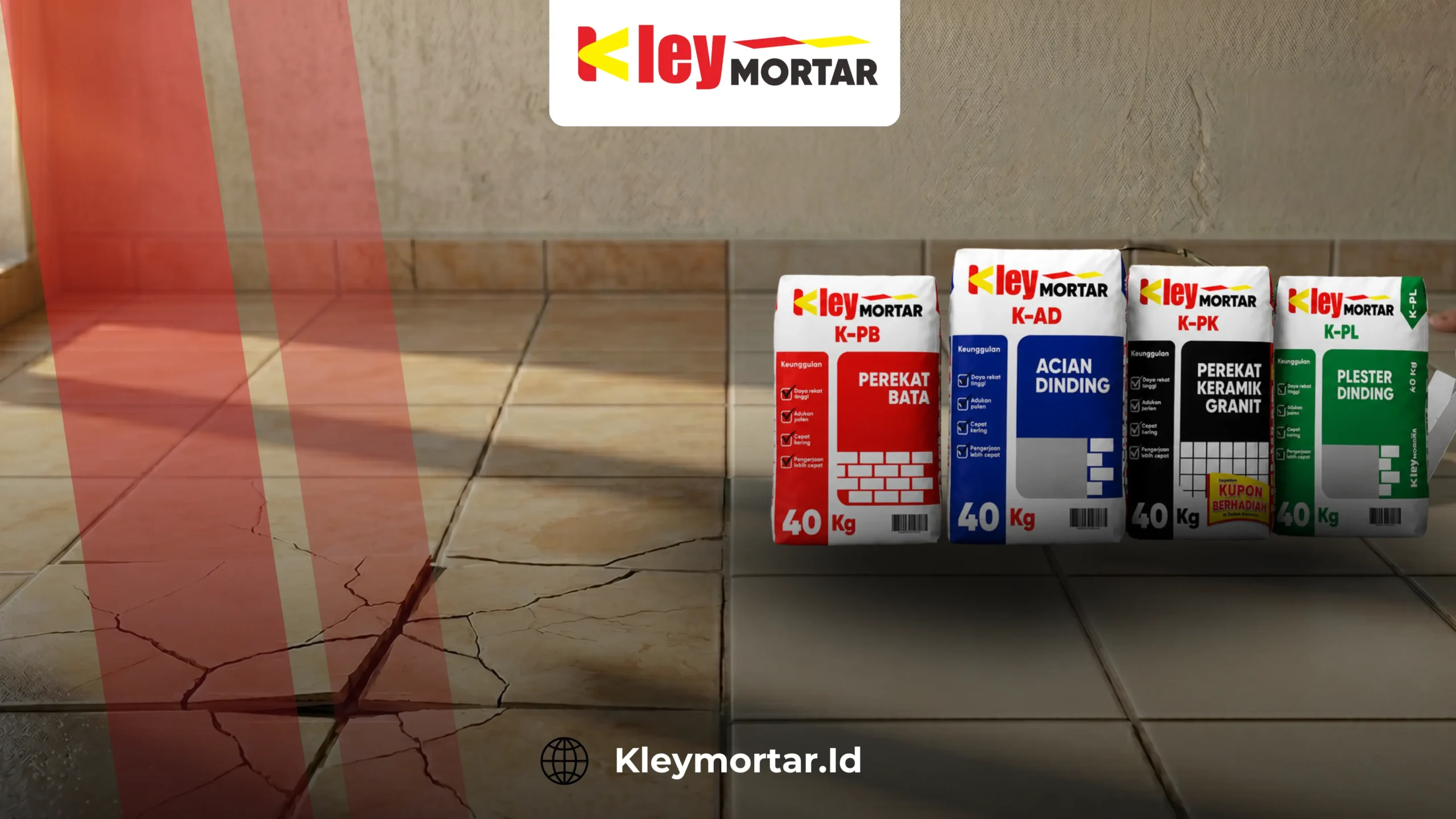 Lantai keramik retak dan terangkat (tiled floor failure) di sebelah kiri, berbatasan dengan area lantai bersih dan ember mortar di ruangan yang terkena sinar matahari.