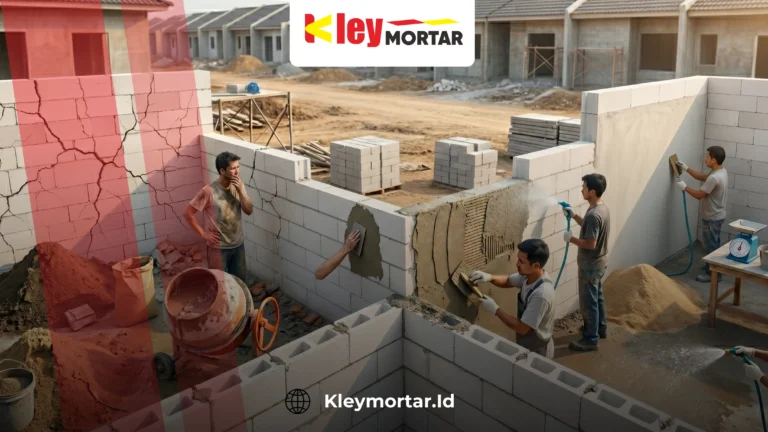 Plester dinding bata ringan retak akibat salah aplikasi vs solusi pencegahan dengan Kley Mortar.